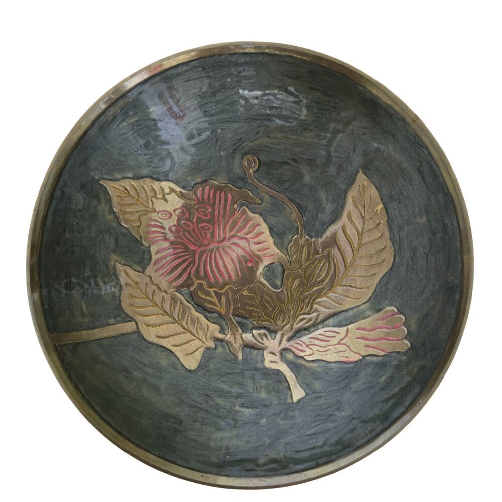 Vintage Brass Enameled Bowl Floral Design Green Background